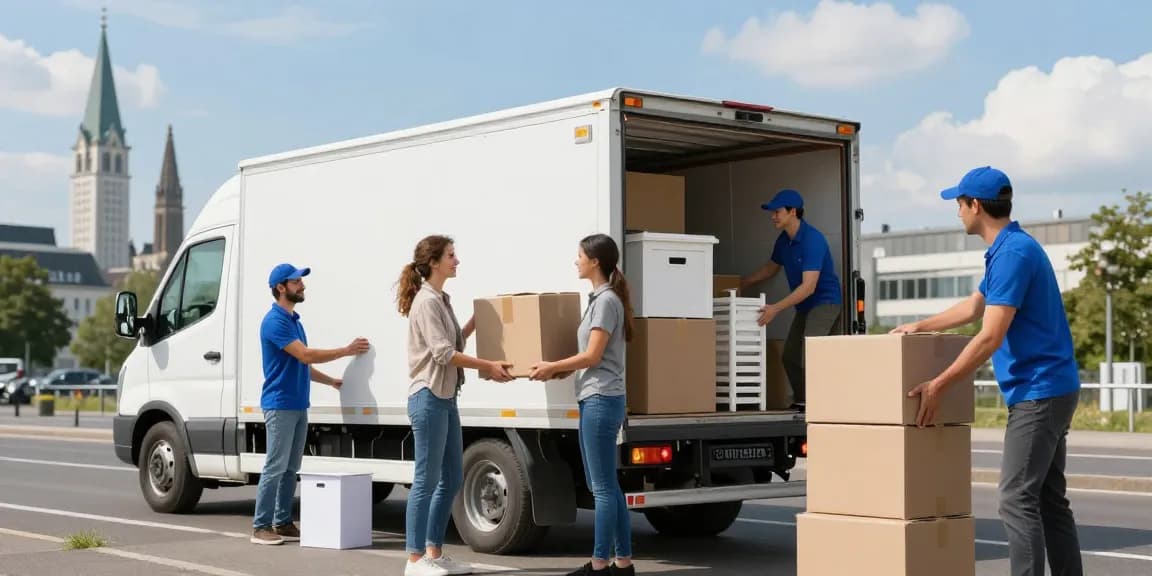 Professionelles umzugsunternehmen ludwigshafen hilft einer Familie beim Umzug, Lkw beladen und fröhliche Atmosphäre.