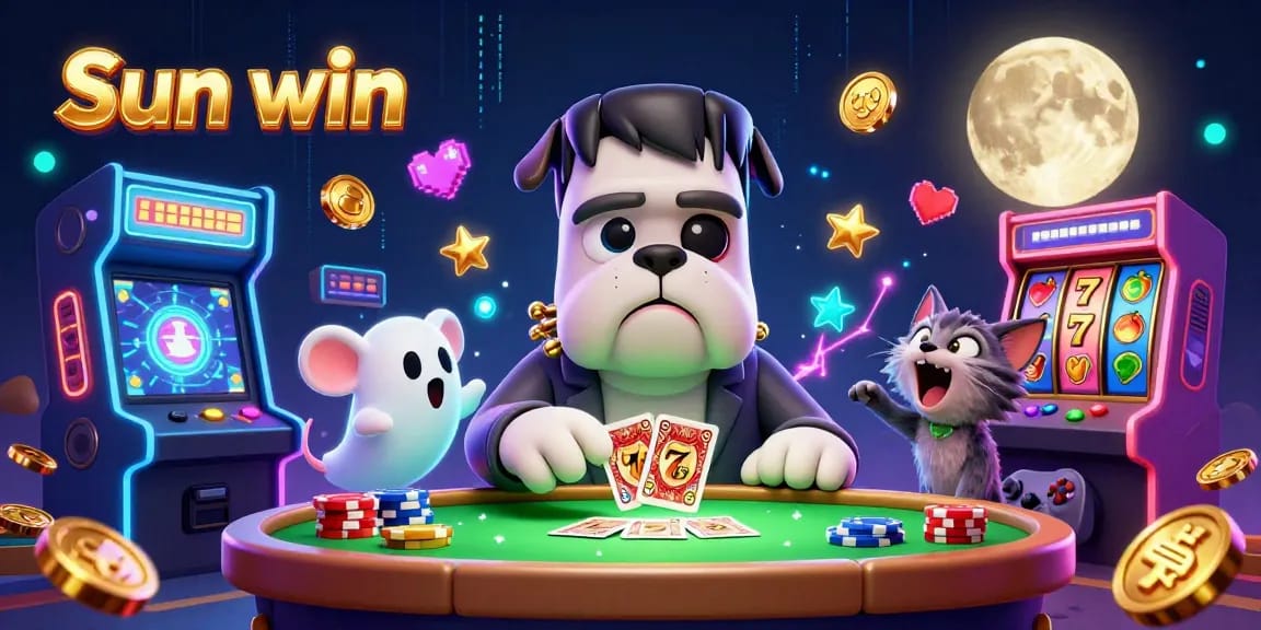Engage with the vibrant 3D scene of Sun win, showcasing a Frankenstein bulldog monster and gaming elements.