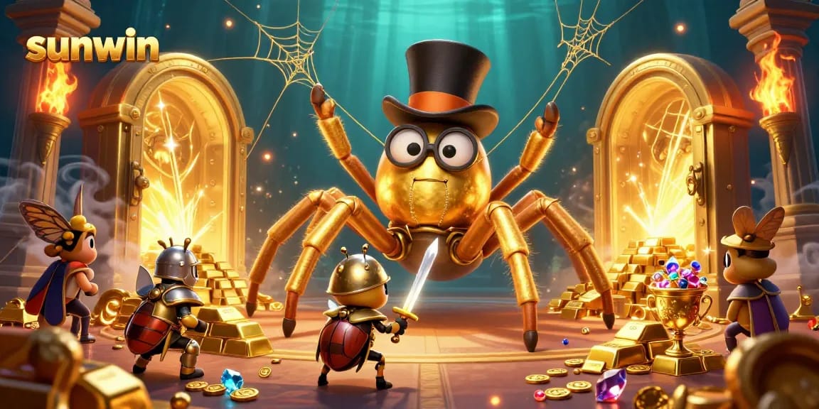 Join the adventure at sunwin with a golden tarantula and beetle knight in a vibrant casino scene.