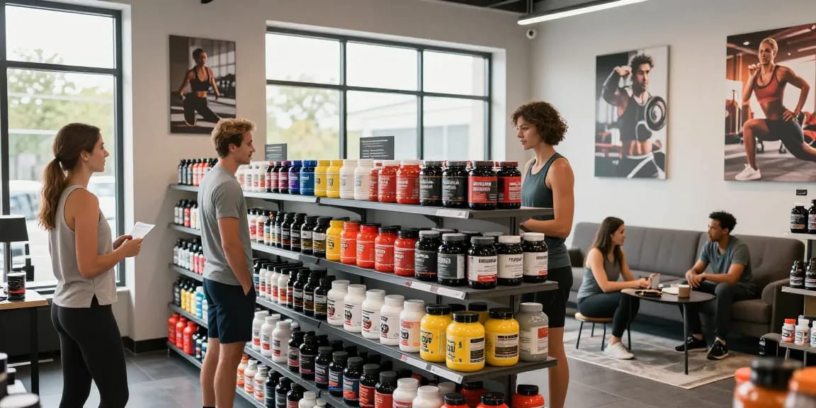 Ein Kunde im Unique Pharma Shop, der hochwertige Sportnahrungsergänzungsmittel in einem hellen, freundlichen Geschäft entdeckt.