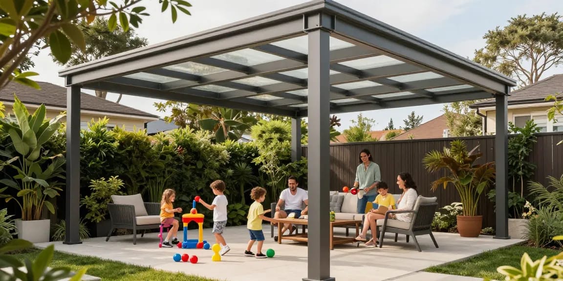 Terrassenüberdachung mit Familie, die einen sonnigen Nachmittag im Garten genießt.