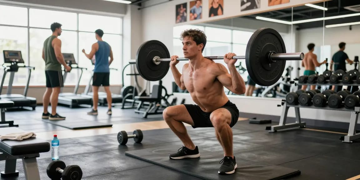 Fitnessbegeisterter im Anabolika Shop beim Training mit Gewichten in modernem Fitnessstudio, motivierende Atmosphäre.