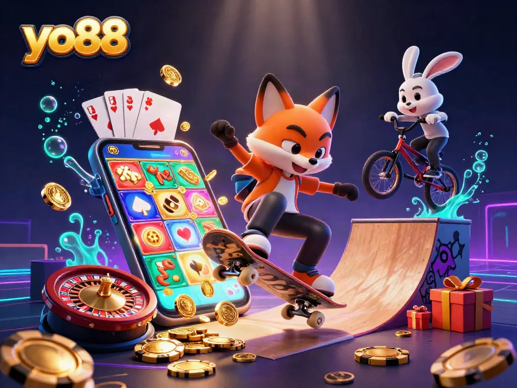 Engaging yo88 gaming scene with a fox skateboarder and rabbit BMX rider surrounded by casino elements.