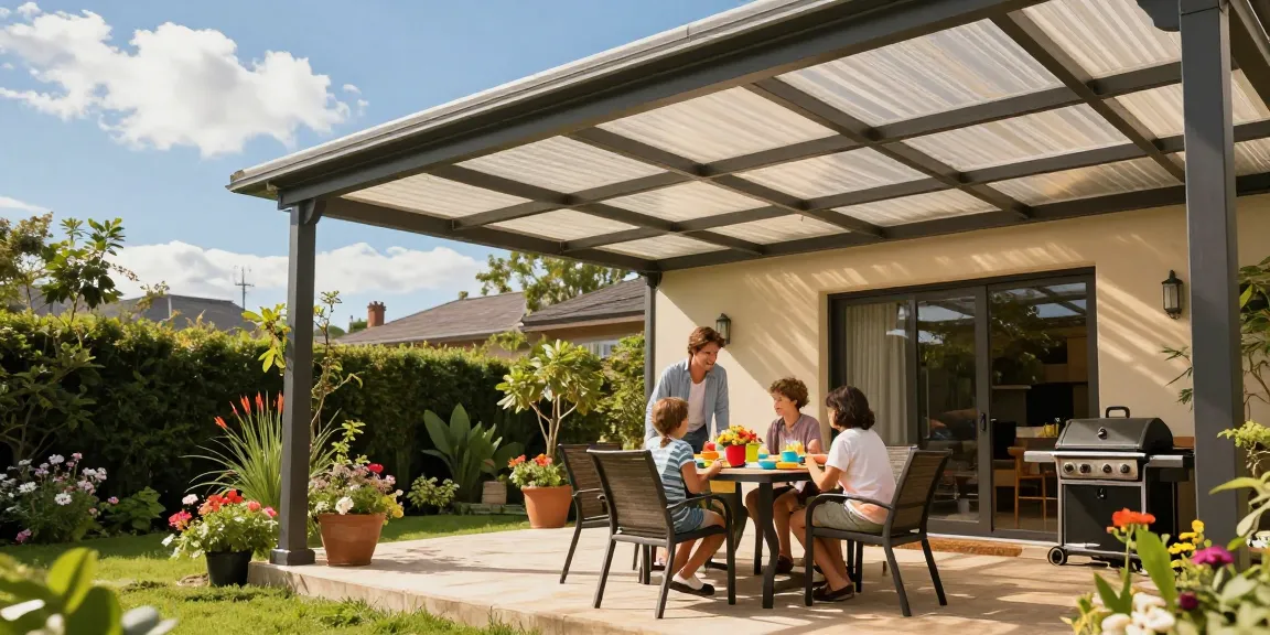 Terrassenüberdachung freistehend im Garten mit Familie und stilvollem Design.