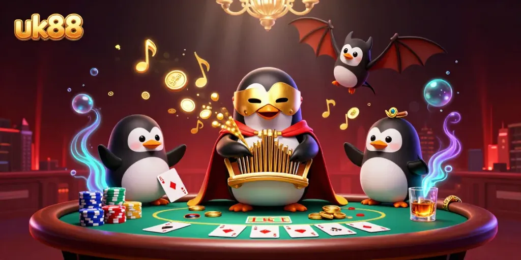 Experience enchanting gameplay with uk88, a 3D casino scene featuring a penguin playing an organ that shoots golden coins.