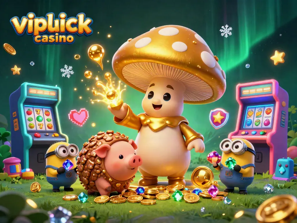Experience the magical treasures at vipluck casino with golden wizard, slot reels, and vibrant gaming elements.
