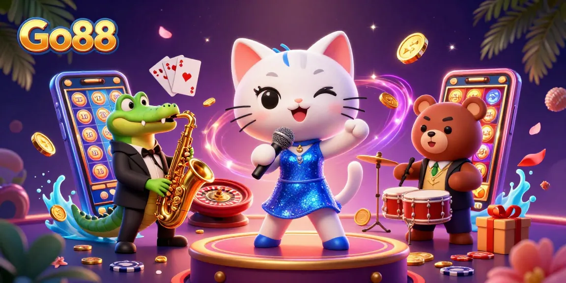Experience Go88 through an exciting cartoon illustration of a casino scene with vibrant characters.