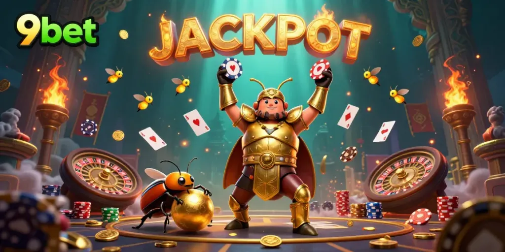 Experience the excitement of 9bet with a victorious beetle champion lifted in glory.