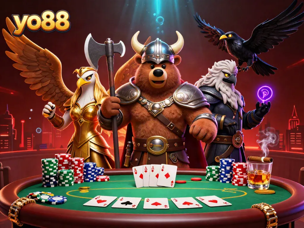 Engage with the exhilarating world of yo88 as Viking characters and poker elements collide in a vibrant 3D casino scene.