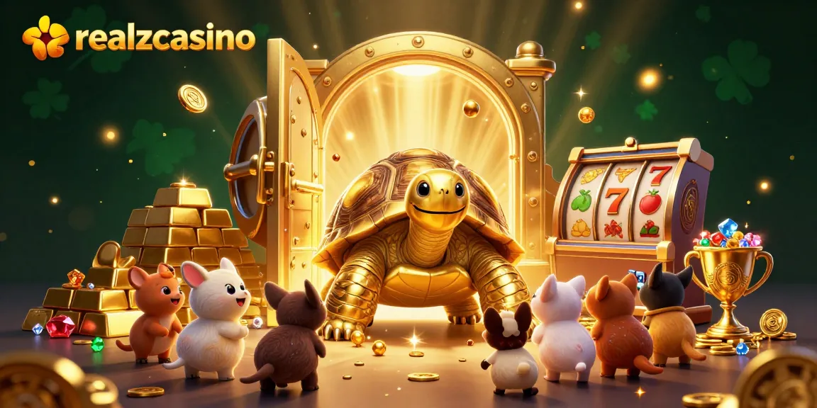realzcasino Spieler genießen das aufregende Slotspiel mit dem riesigen goldenen Tortuga bei strahlenden Lichtern.
