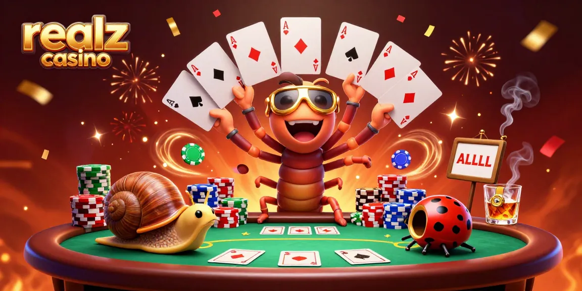 Engaging 3D cartoon illustration showcasing realz casino with a millipede dealer and unique game elements.