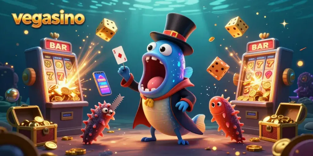 Experience Vegasino's thrilling jackpot excitement with vibrant characters and casino action.