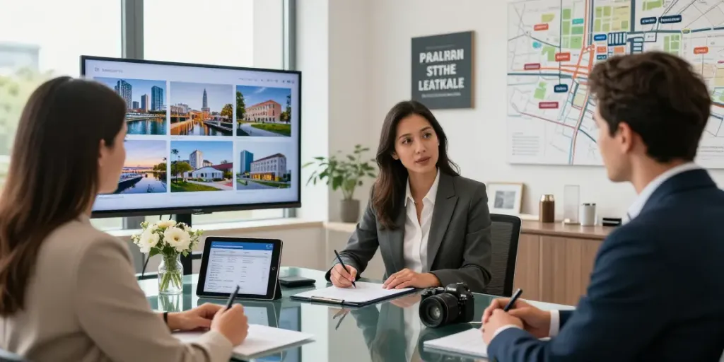 Der beste Immobilienmakler Frankfurt berät Kunden in einem modernen Büro über Verträge und Immobilien.