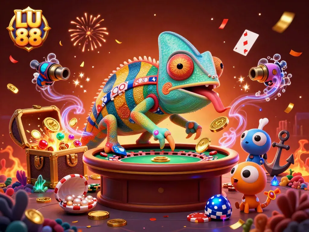 Experience colorful excitement with LU 88 at the chameleon-themed casino, capturing the thrill of winning.
