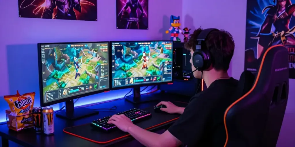Engaged gamer in a rokok88-themed gaming room with vibrant lighting and dual monitors.