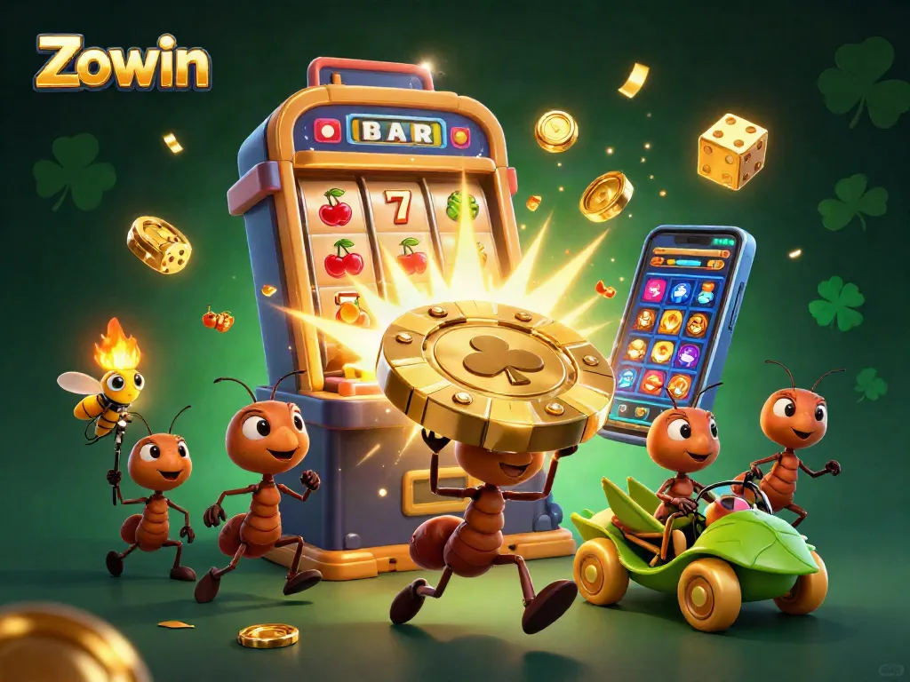 Zowin invites players into thrilling gambling adventures with a team of ants carrying a massive poker chip.