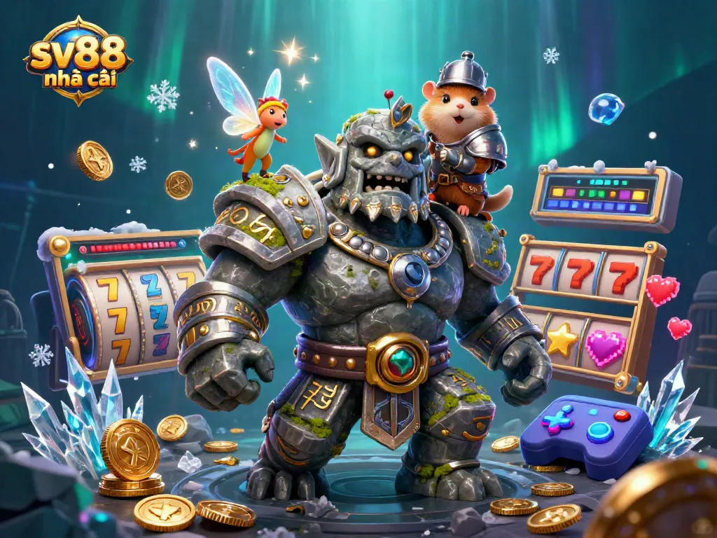 Engage with sv88 nhà cái in a colorful 3D slot game adventure featuring a mystical golem guardian.