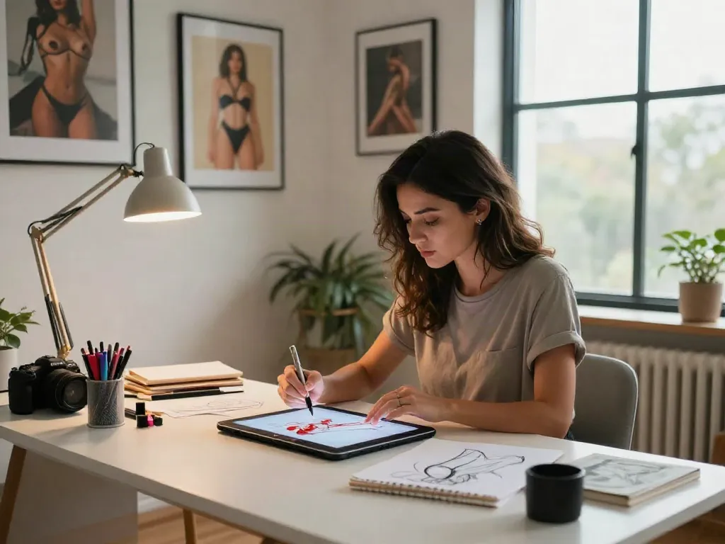 Creating unique adult art with 18+ ai technology in a stylish home office setting.
