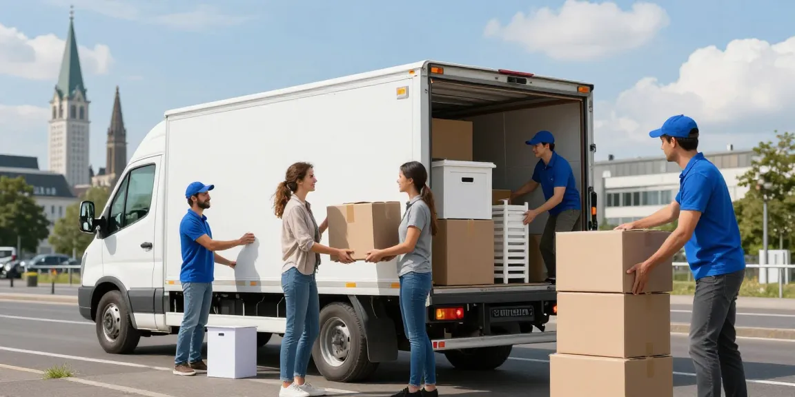 Professionelles umzugsunternehmen ludwigshafen hilft einer Familie beim Umzug, Lkw beladen und fröhliche Atmosphäre.