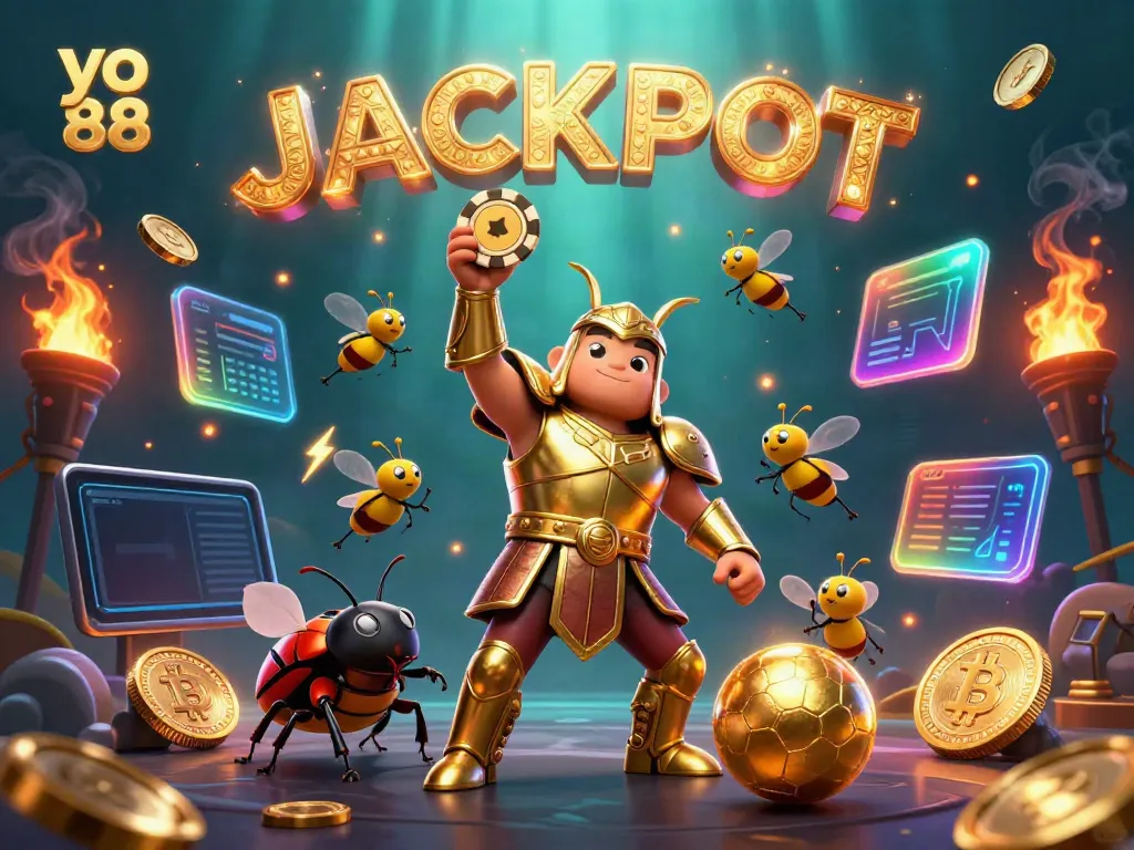 Engaging illustration of a 3D hercules beetle celebrating a jackpot win in yo 88 casino with vibrant gaming elements.