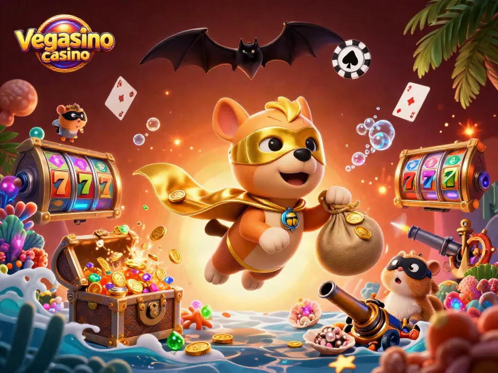 Experience the thrill of vegasino casino with a heroic dog flying over a vibrant gambling scene.