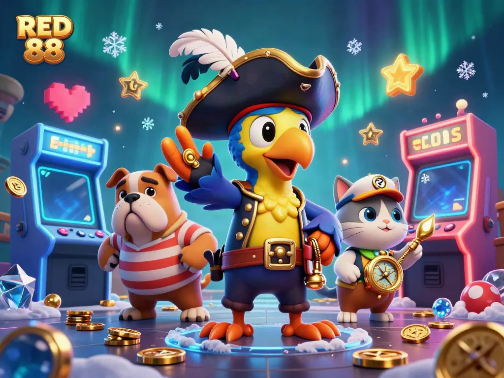 Experience thrilling gameplay at RED 88 with pirate-themed characters and vibrant casino elements.