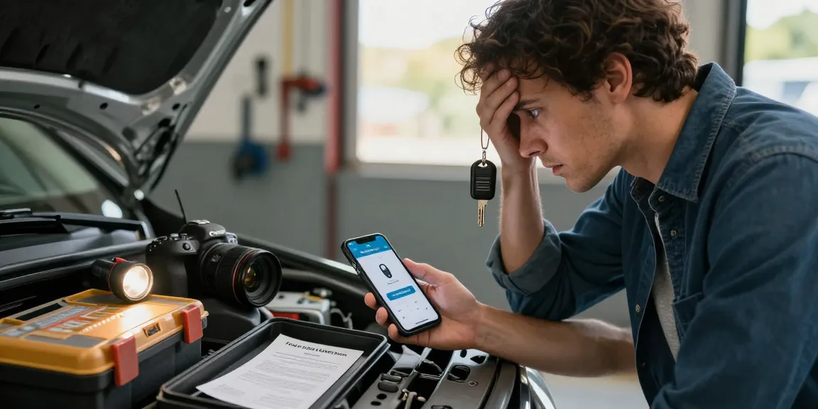 Automobilist besorgt über verlorenen Autoschlüssel, zeigt Schlüsselersatz-App auf Smartphone in moderner Garage.
