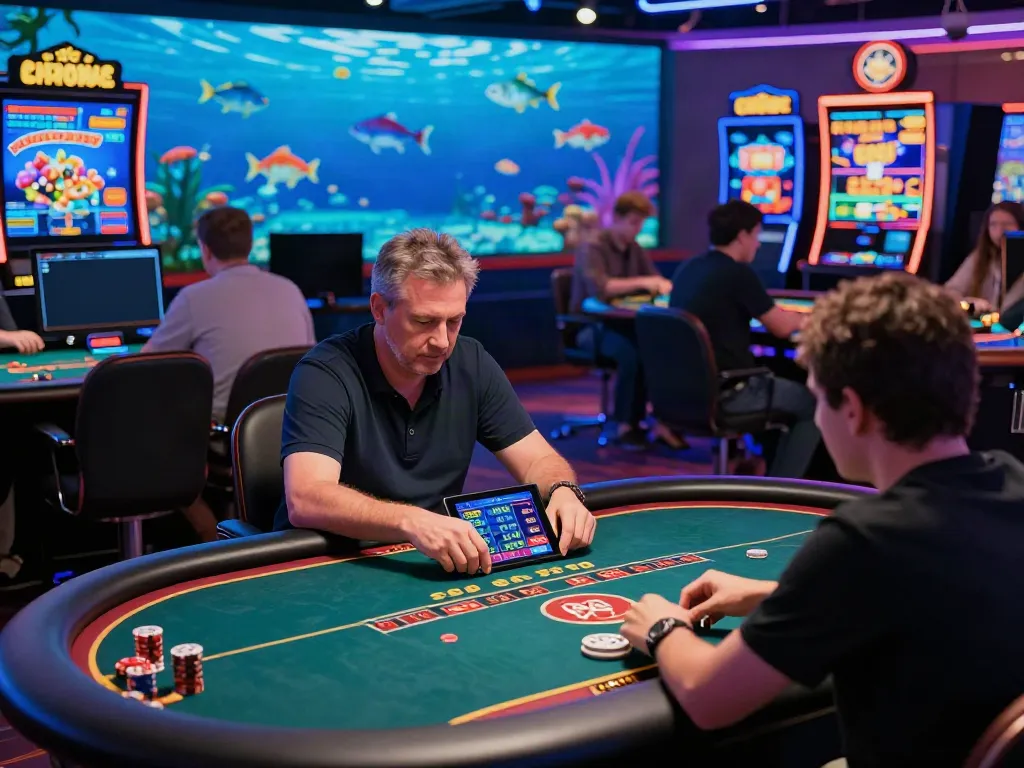 Engaged player at UK88 online casino with vibrant gaming scene and interactive displays.