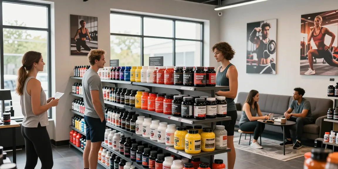 Ein Kunde im Unique Pharma Shop, der hochwertige Sportnahrungsergänzungsmittel in einem hellen, freundlichen Geschäft entdeckt.