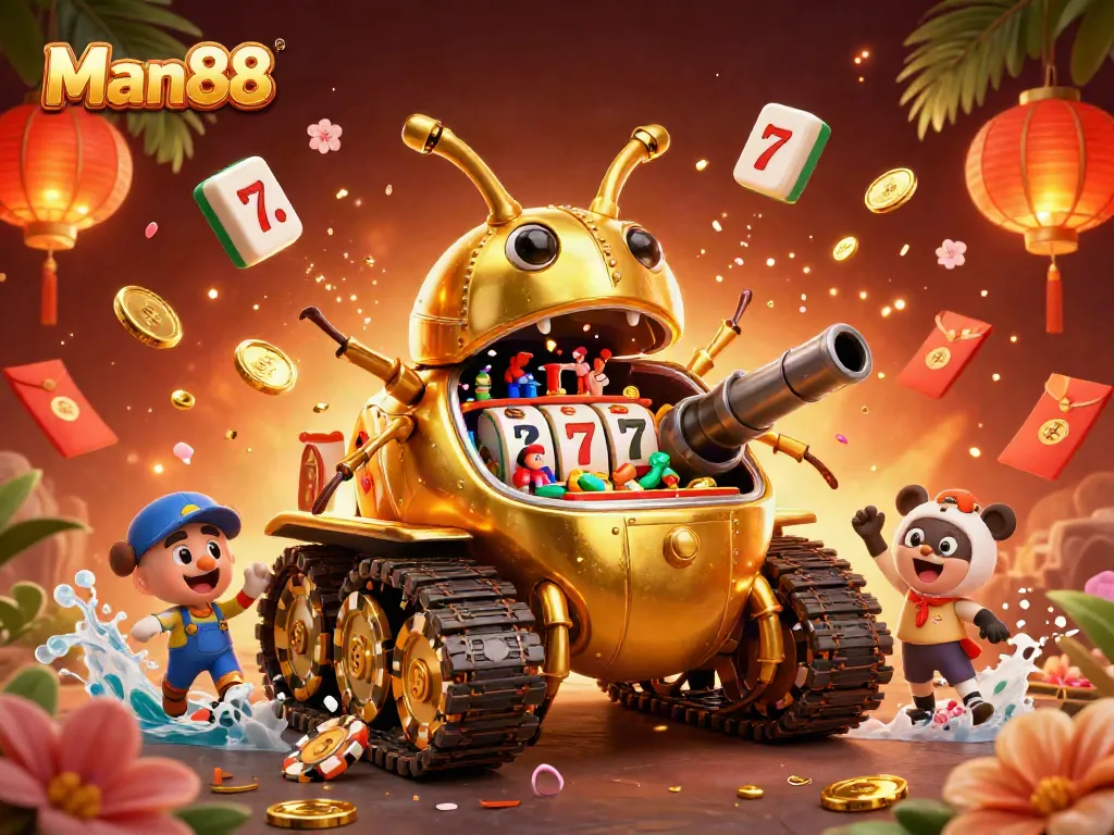Experience thrilling adventures at Man88 casino with golden beetle tank, jackpot reels, and festive elements.
