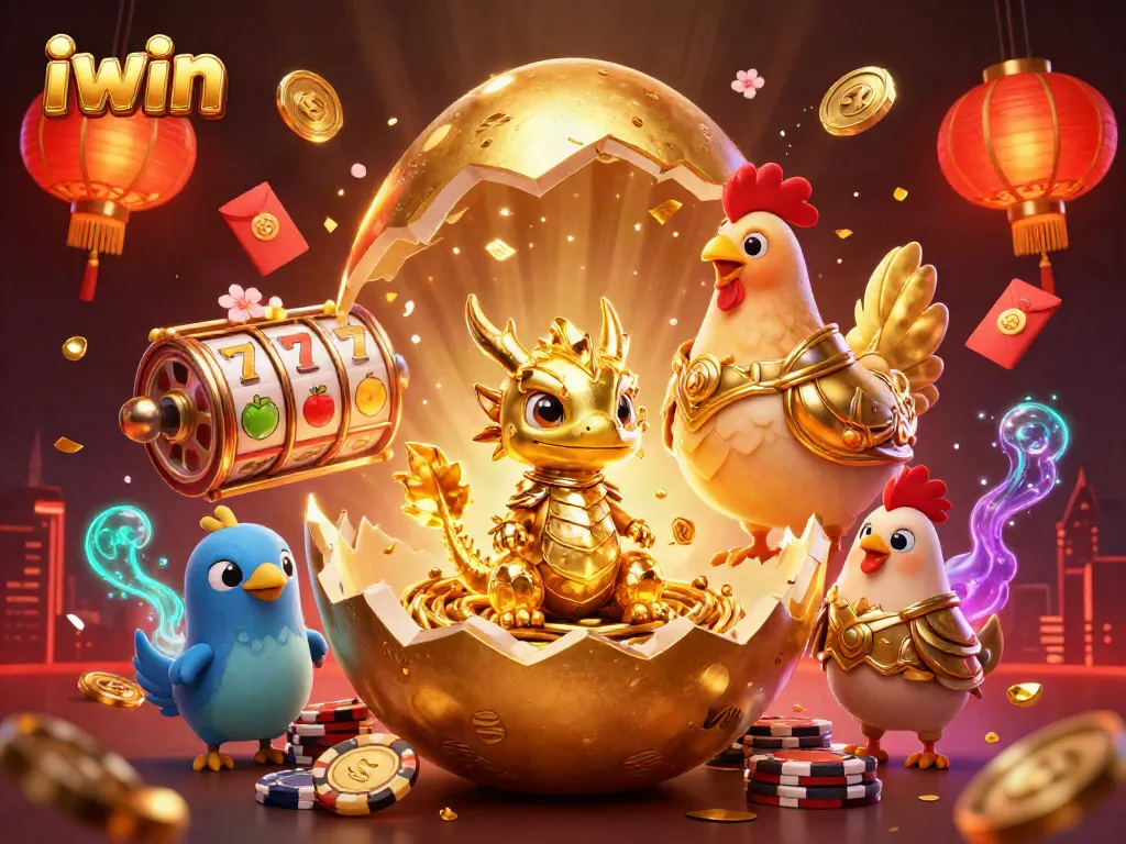 iwin casino illustration showcases a golden dragon and poker chips, embodying thrilling gaming excitement.