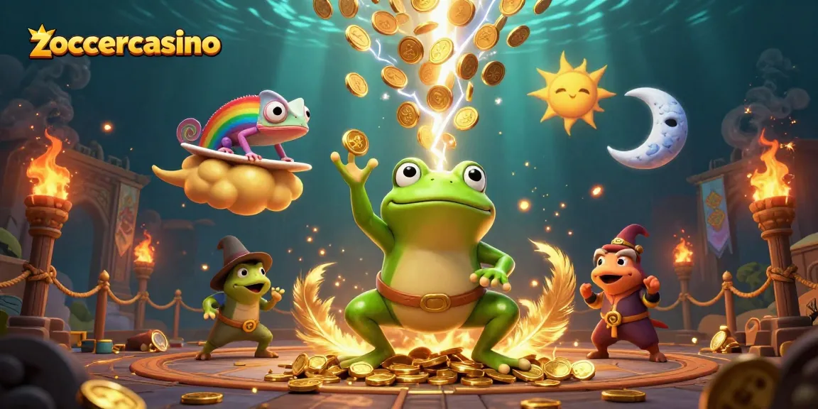 Erlebe das zoccercasino mit einer aufregenden 3D-Illustration von einem Wetterzauberer-Frosch, der Goldmünzen schüttet.