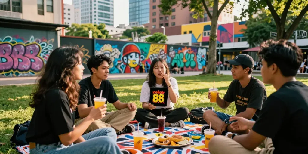 Friends gathered in a city park showcasing rokok 88 merchandise in a vibrant atmosphere.