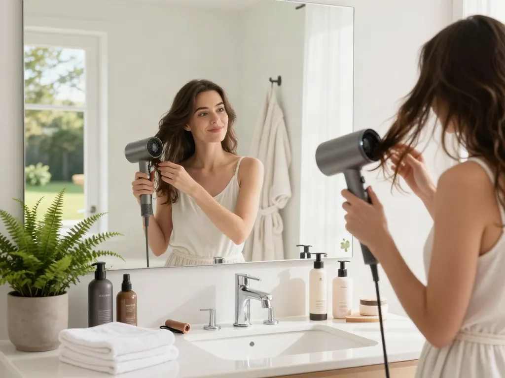 Frau mit Ionen Föhn im modernen Badezimmer zur Haarpflege