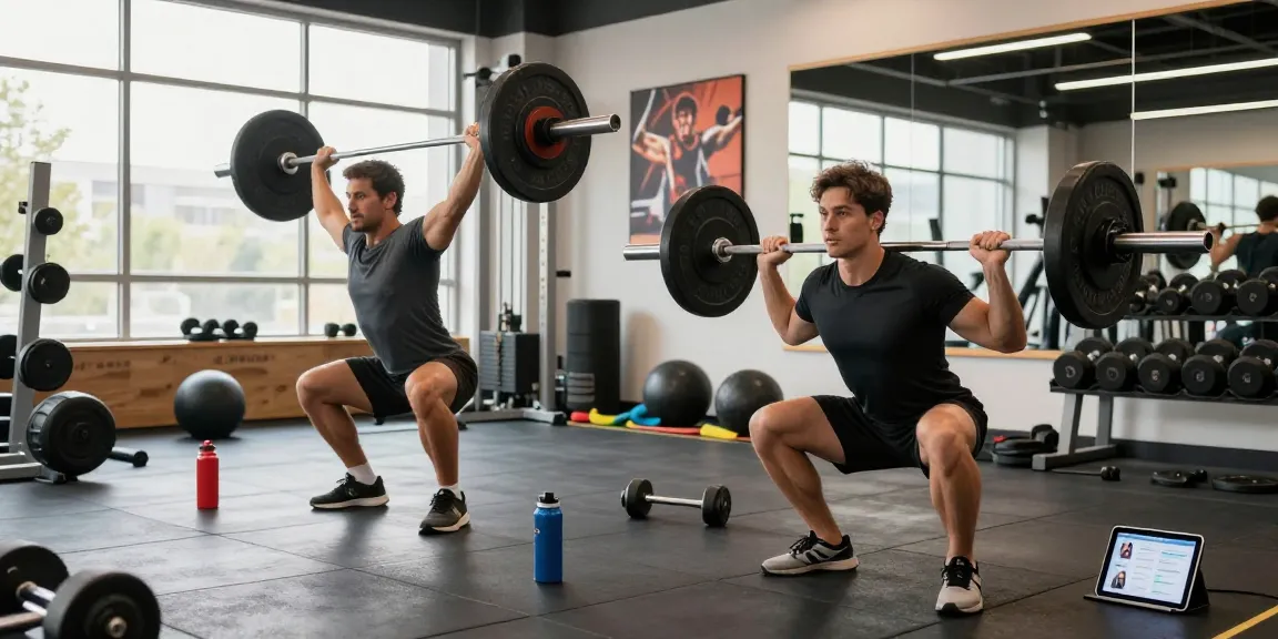 Training mit Deus Medical Steroiden im modernen Fitnessstudio, Athleten heben Gewichte.