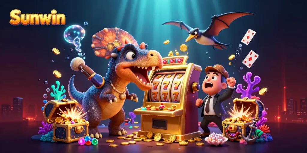 Sunwin casino scene with a pachycephalosaurus delightfully hitting a winning slot machine, amidst flying coins.