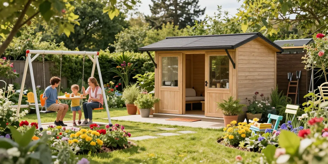 Gartenhaus umgeben von bunten Blumenbeeten in einem einladenden Garten.