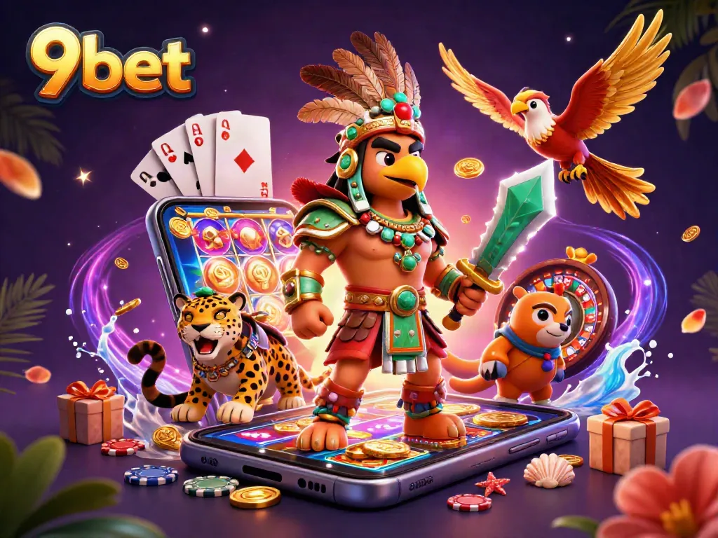 Experience the excitement of 9bet with a vibrant 3D casino scene featuring iconic game elements.