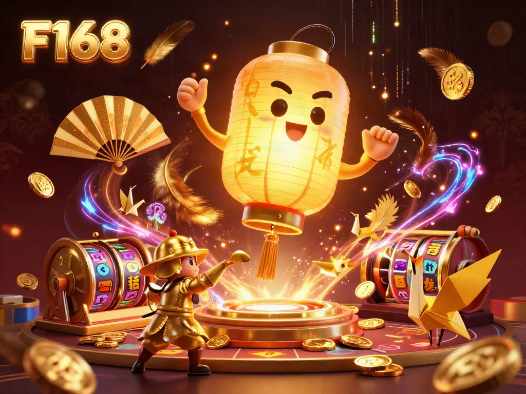 Experience thrilling slots at F168 with magical lanterns and vibrant gaming elements in a dynamic casino.