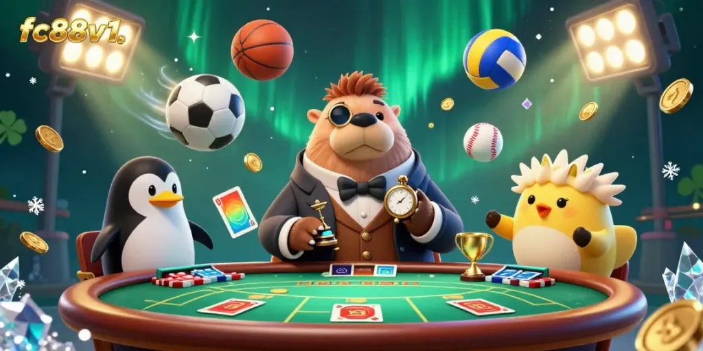 Experience dynamic gaming with the whimsical scene at fc88v1, showcasing a walrus, penguin dealer, and pufferfish bluffing at an underwater poker table.