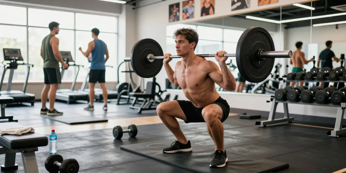 Fitnessbegeisterter im Anabolika Shop beim Training mit Gewichten in modernem Fitnessstudio, motivierende Atmosphäre.