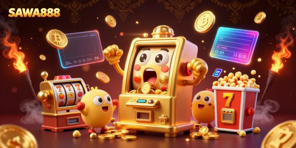 SAWA888 slot machine celebration scene with coins, Bitcoin, Ethereum, and casino symbols.