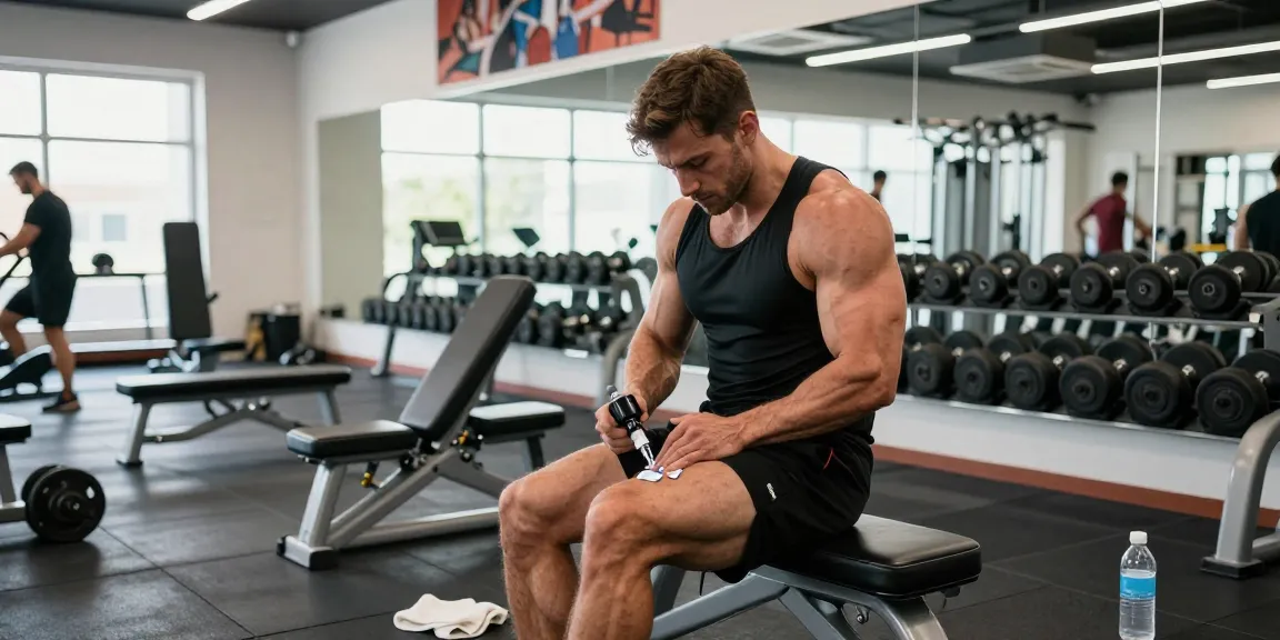 Ein Bodybuilder im Anabolika Shop spritzt Anabolika ins Bein im modernen Fitnessstudio.