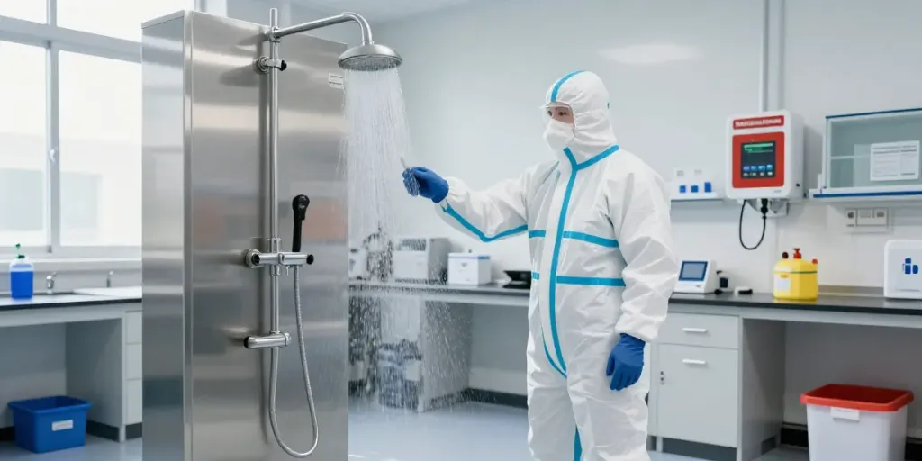 Notdusche für Gefahrstofflager in a modern lab showing safety equipment and emergency protocols.