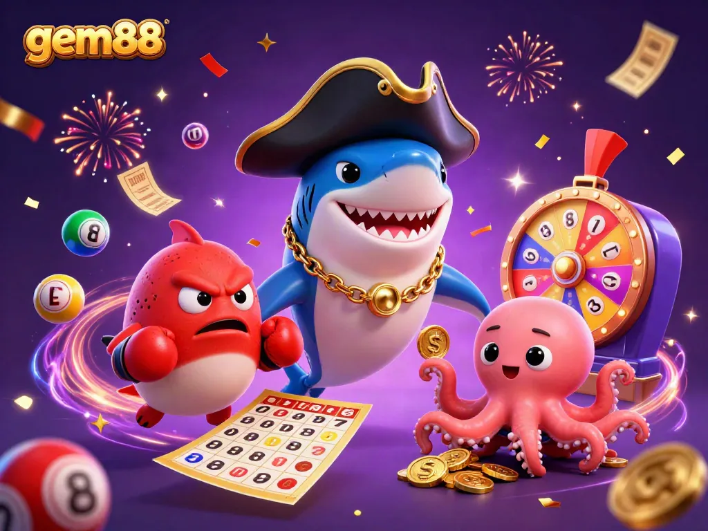 Join the excitement at gem88 with lively casino-themed characters celebrating casino wins and activities.