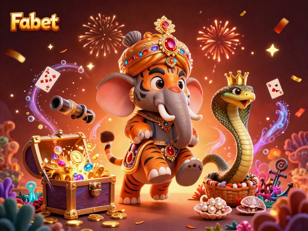 Experience the excitement of Fabet with a colorful casino-themed 3D illustration featuring vibrant characters and gems.