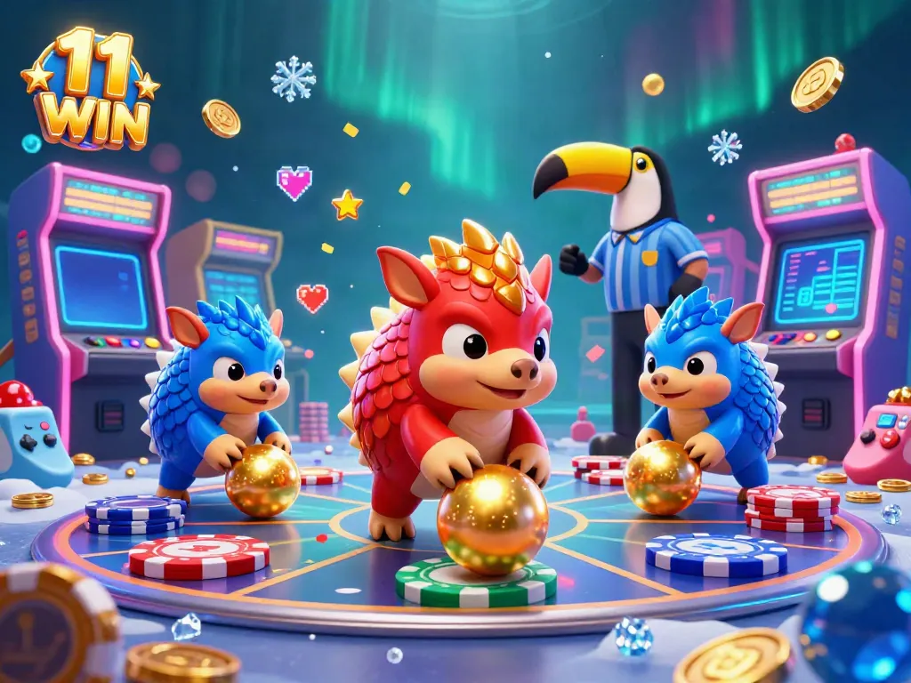 Engage in gambling excitement at 11 WIN with animated pangolins rolling golden balls through poker chips.