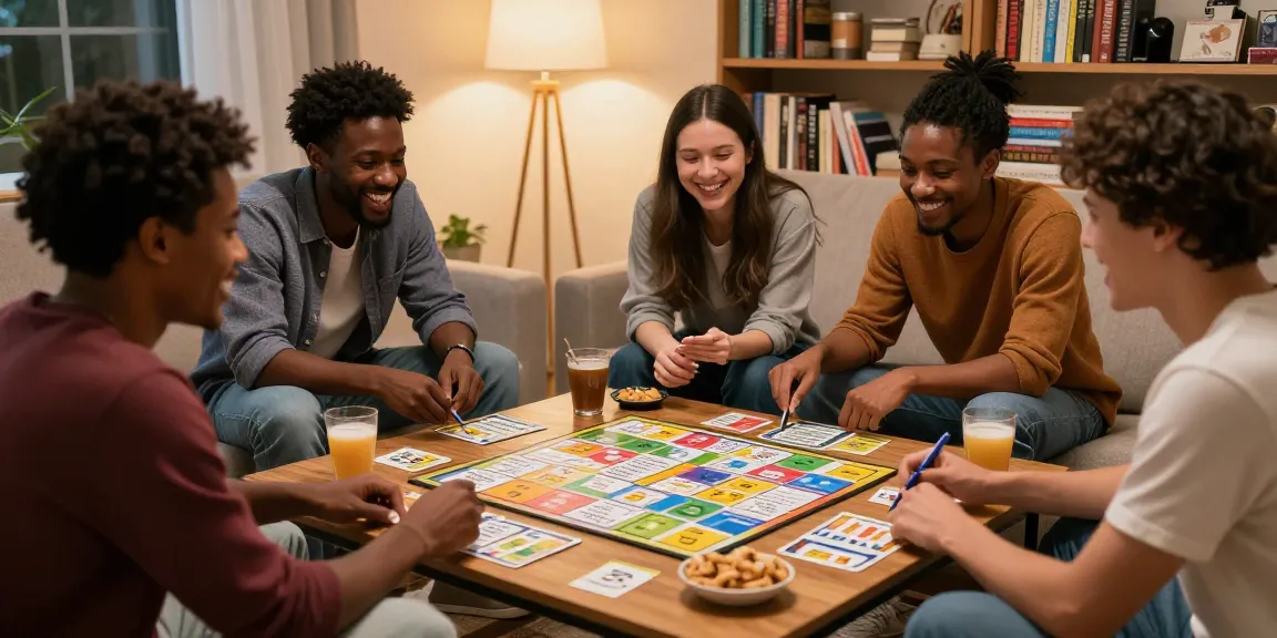 Friends enjoying a quiz Allgemeinwissen night in a cozy living room with trivia cards and snacks.