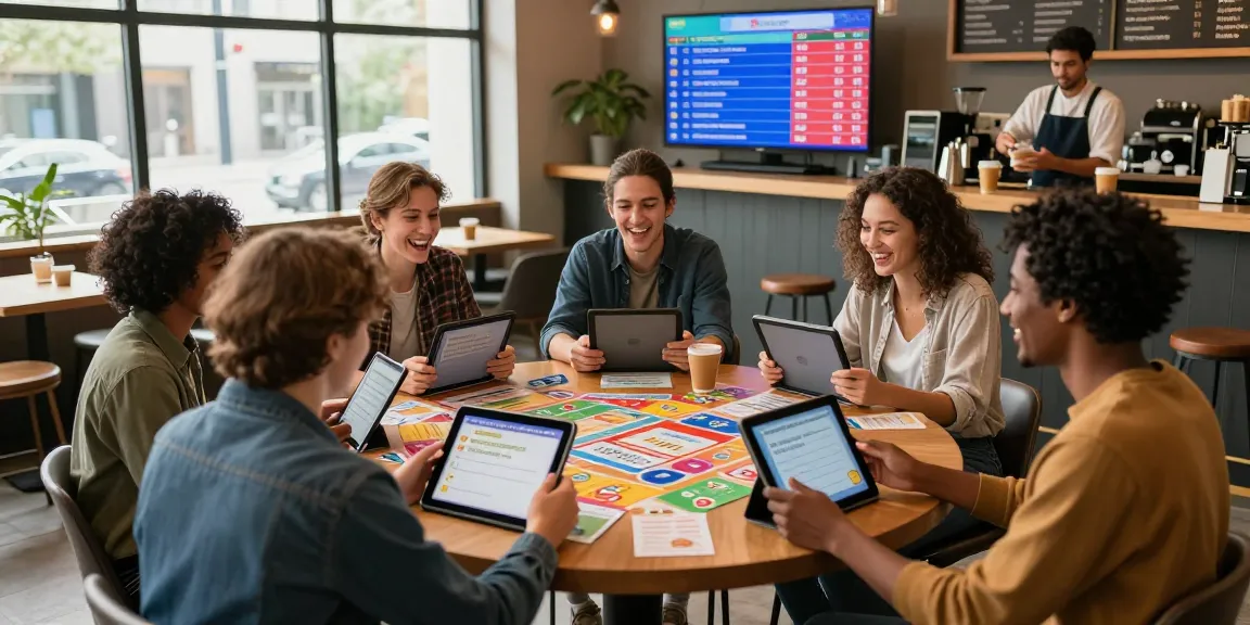 Eine Gruppe beim Quiz Allgemeinwissen in einem modernen Café, Tablets in der Hand, fröhliche Atmosphäre.