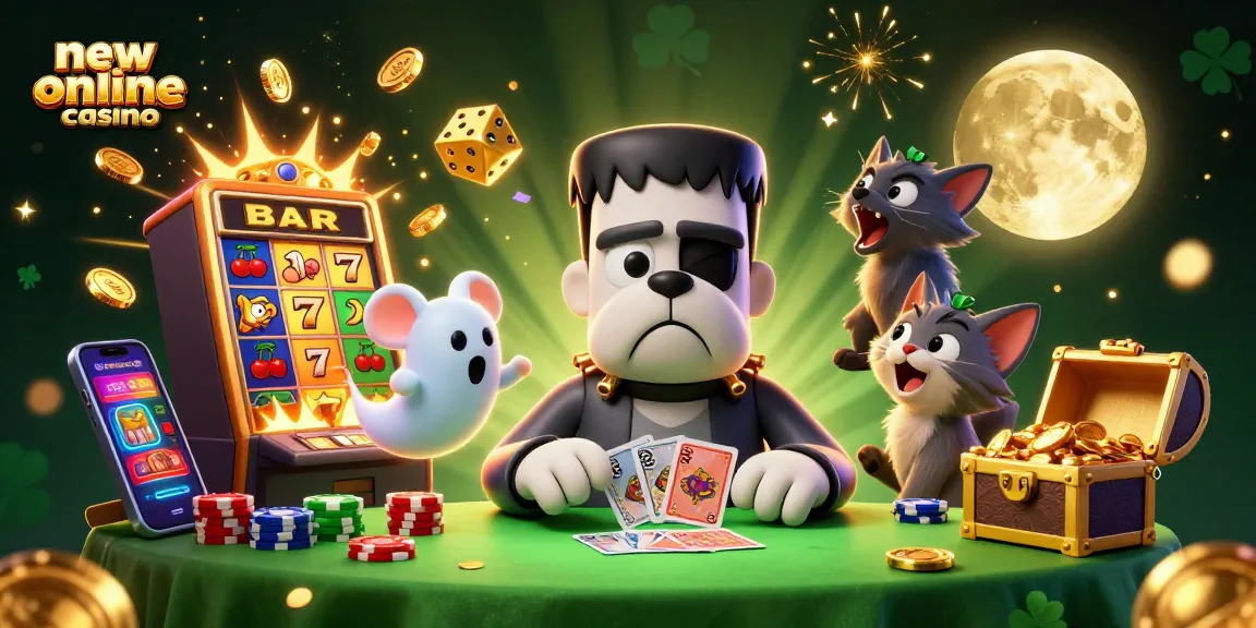 The Frankenstein bulldog monster dealing cards at a haunted casino table featuring new online casino Australia elements.